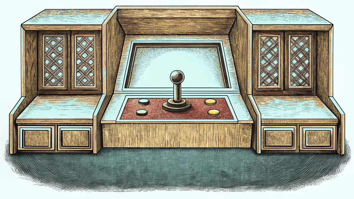An arcade cabinet with a joystick and controller on a carpeted floor.