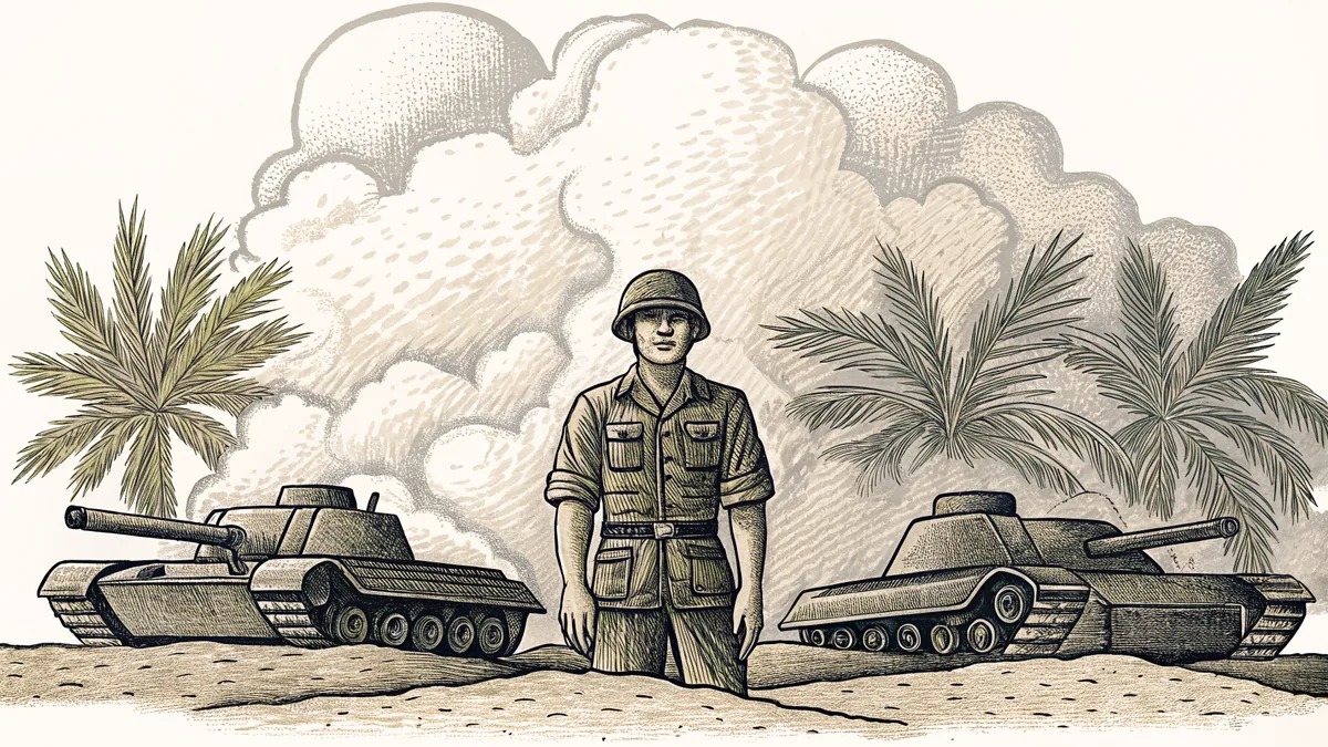 A soldier in full gear stands in a dense jungle during wartime