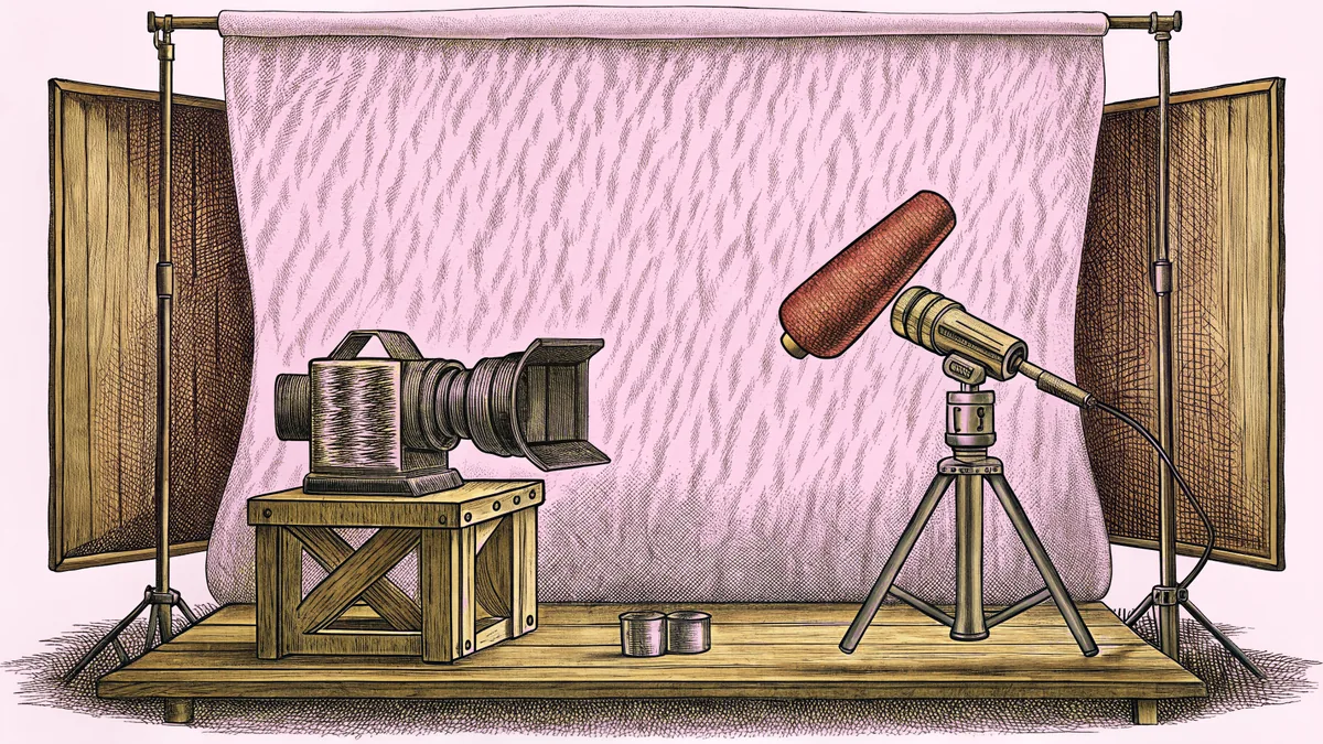 A studio camera and boom microphone rest on a metal workbench.