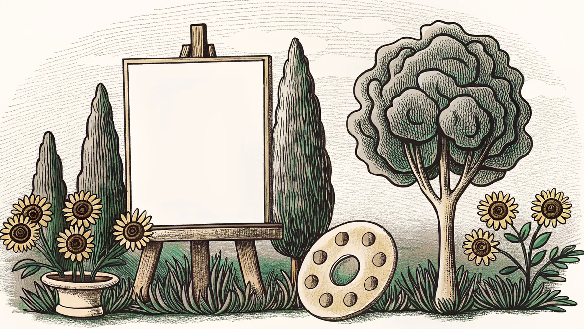 An easel and a paint palette rest beside a vase of sunflowers beneath a cypress tree.