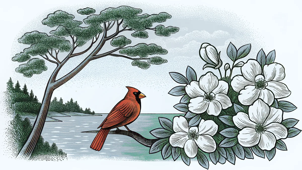 A cardinal perches on flowering dogwood above misty Chesapeake waters.
