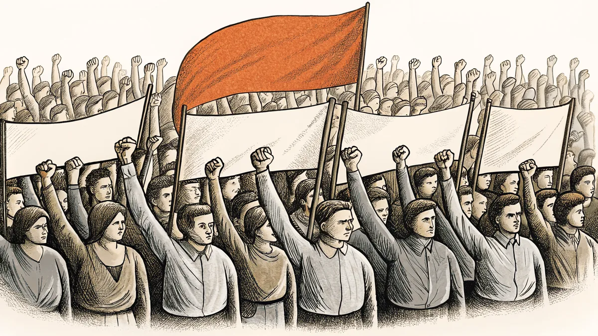 A diverse crowd marches together in a town square with unified raised fists.