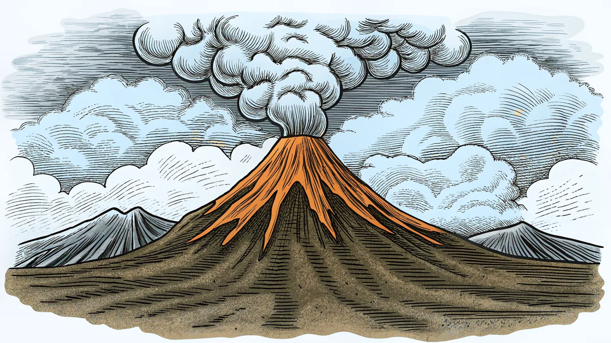 An active volcano spewing orange lava and ash into a smoky sky.
