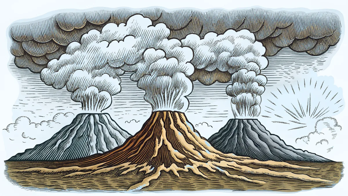 Multiple smoking volcanoes rise from misty landscapes with glowing lava