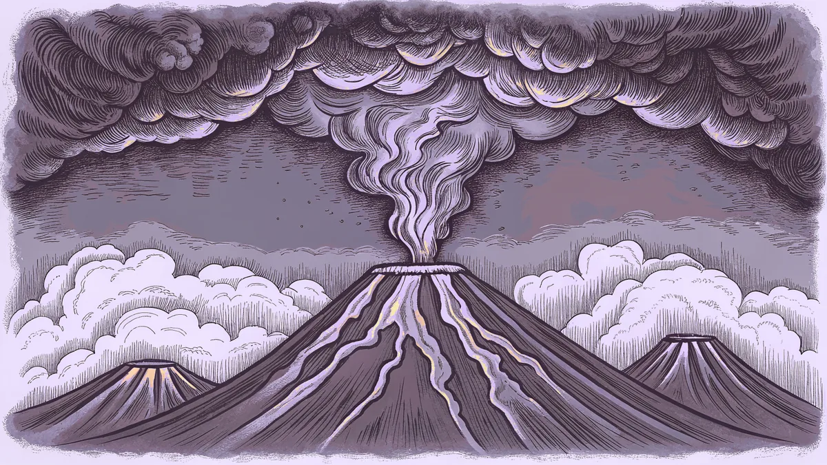 An active volcano erupts with cascading lava and towering plumes of ash and smoke.