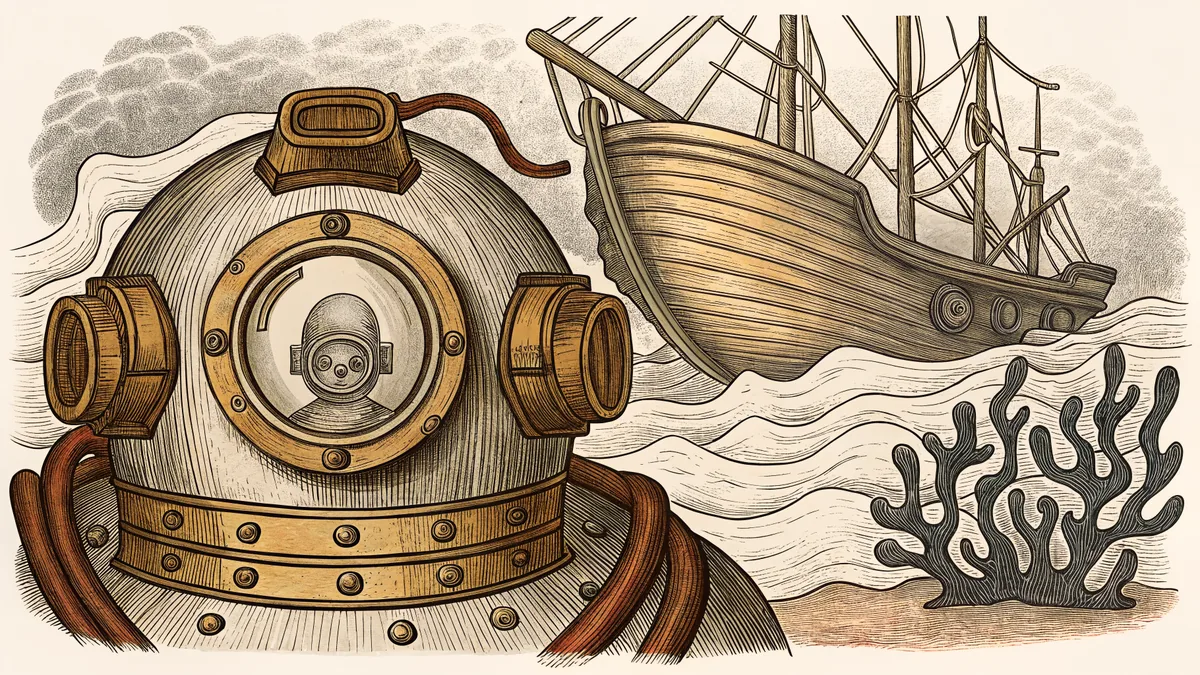 A diving vessel submerged underwater with aquanauts exploring the depths beneath a sailing ship above.