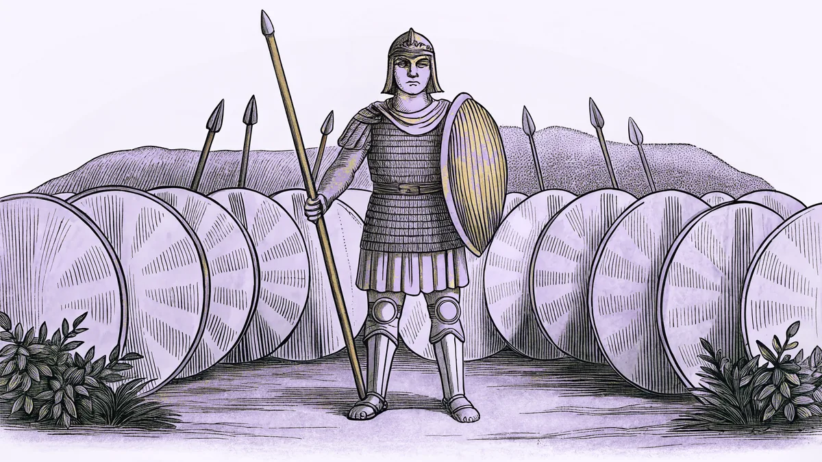 A warrior goddess in shining armor with a spear, shields, and battle chariots on a field.