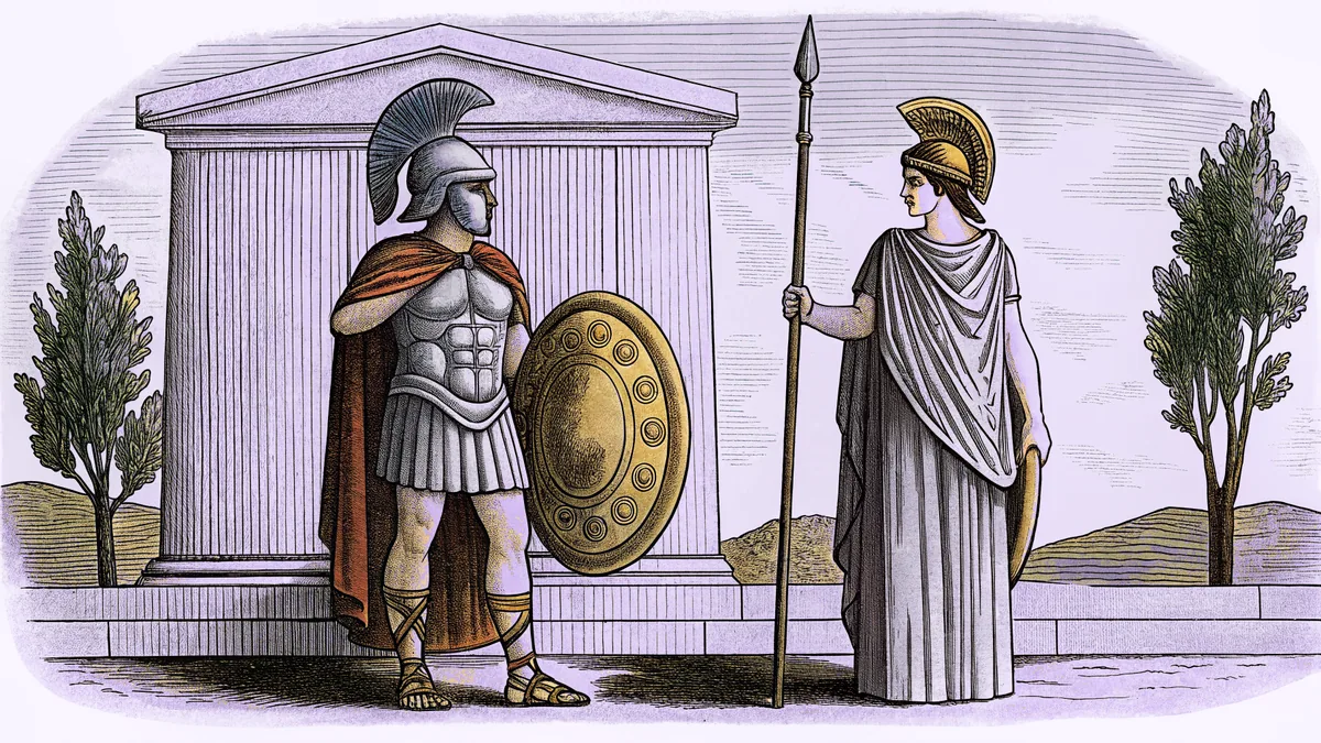 The god of war Ares in armor beside Athena with a shield, set on a fierce battlefield.