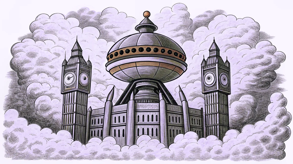 A metallic alien war machine looms over London amid smoke and fire.