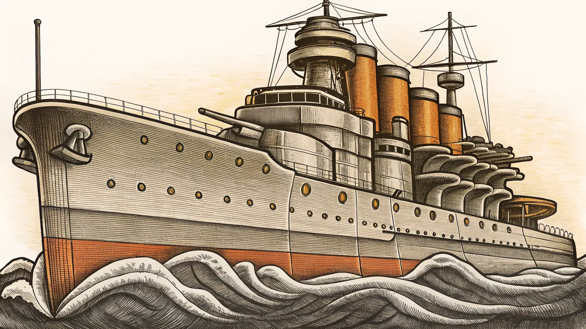 A military battleship churns through rough seas with cannons mounted and ready.