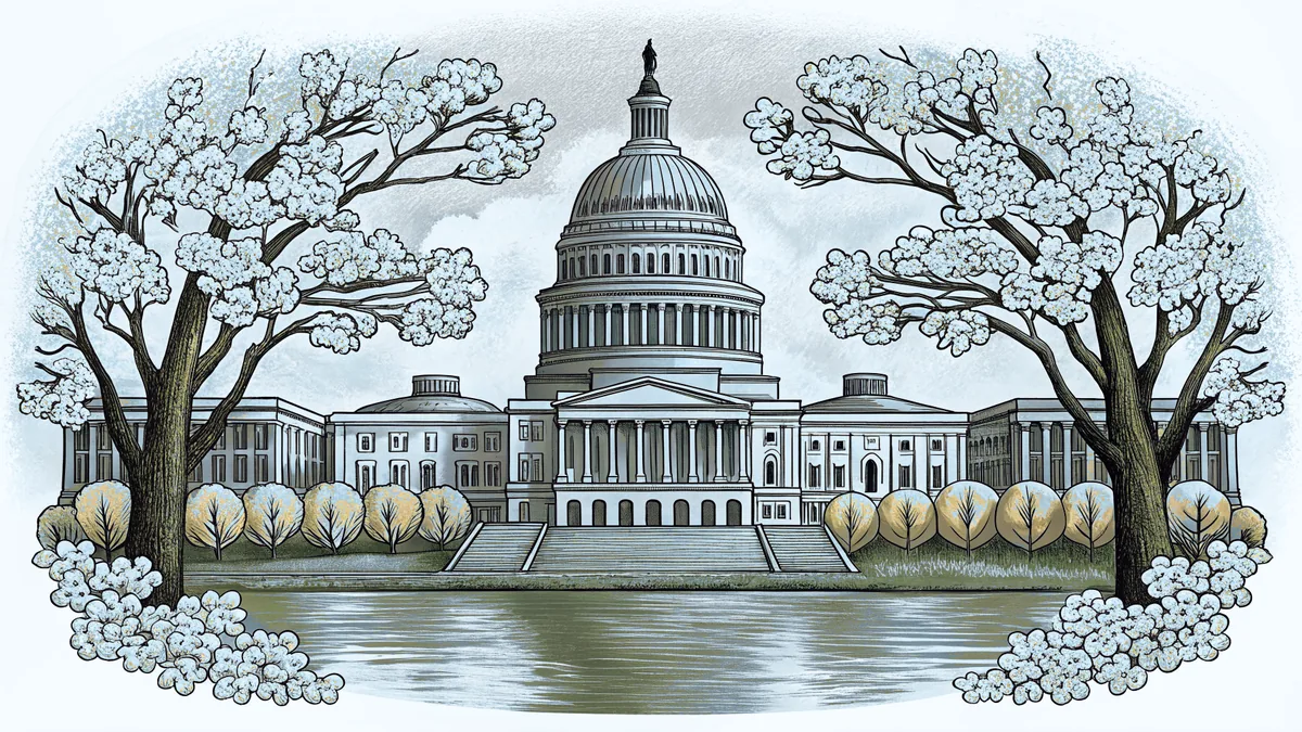 Cherry trees in full bloom frame the Capitol with the White House in the distance.