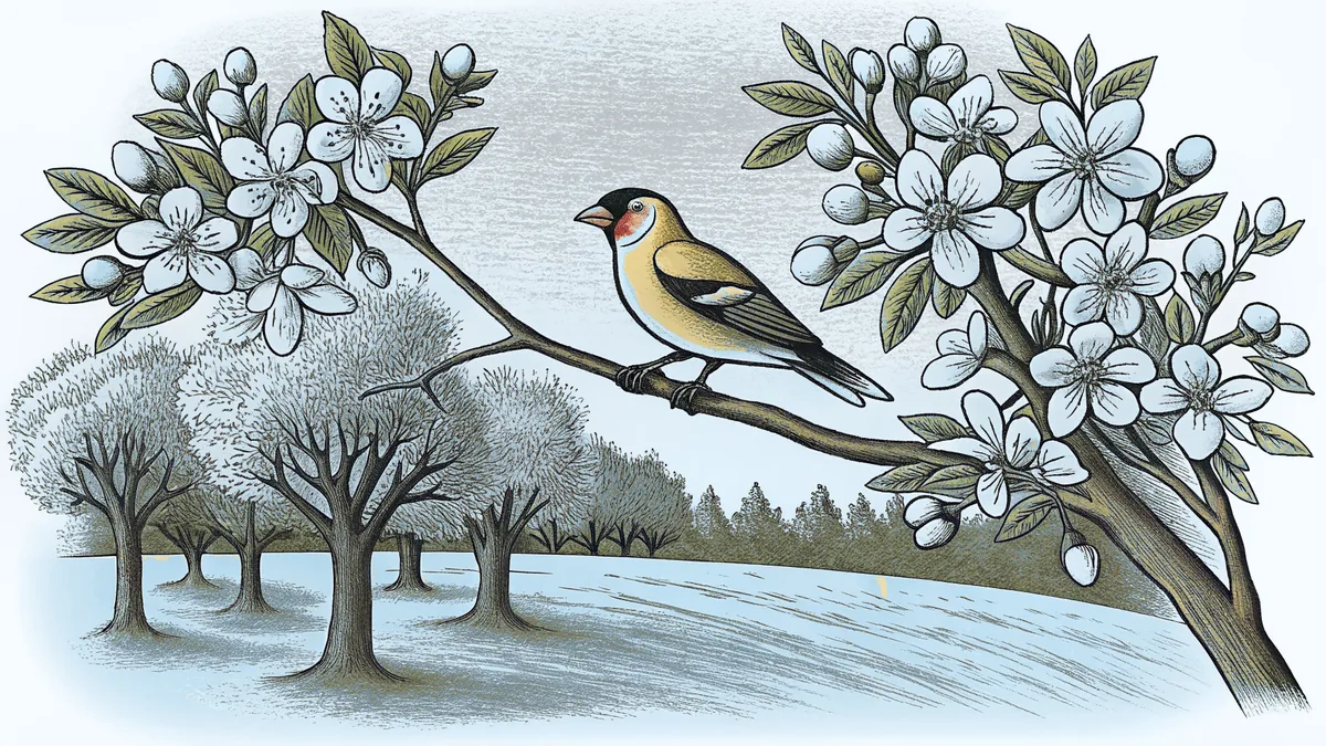 A goldfinch lands on a cherry tree surrounded by spring blossoms and evergreens.