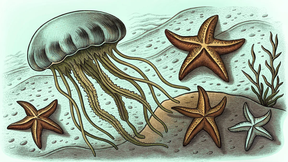 A translucent jellyfish floating above starfish on the sea floor.