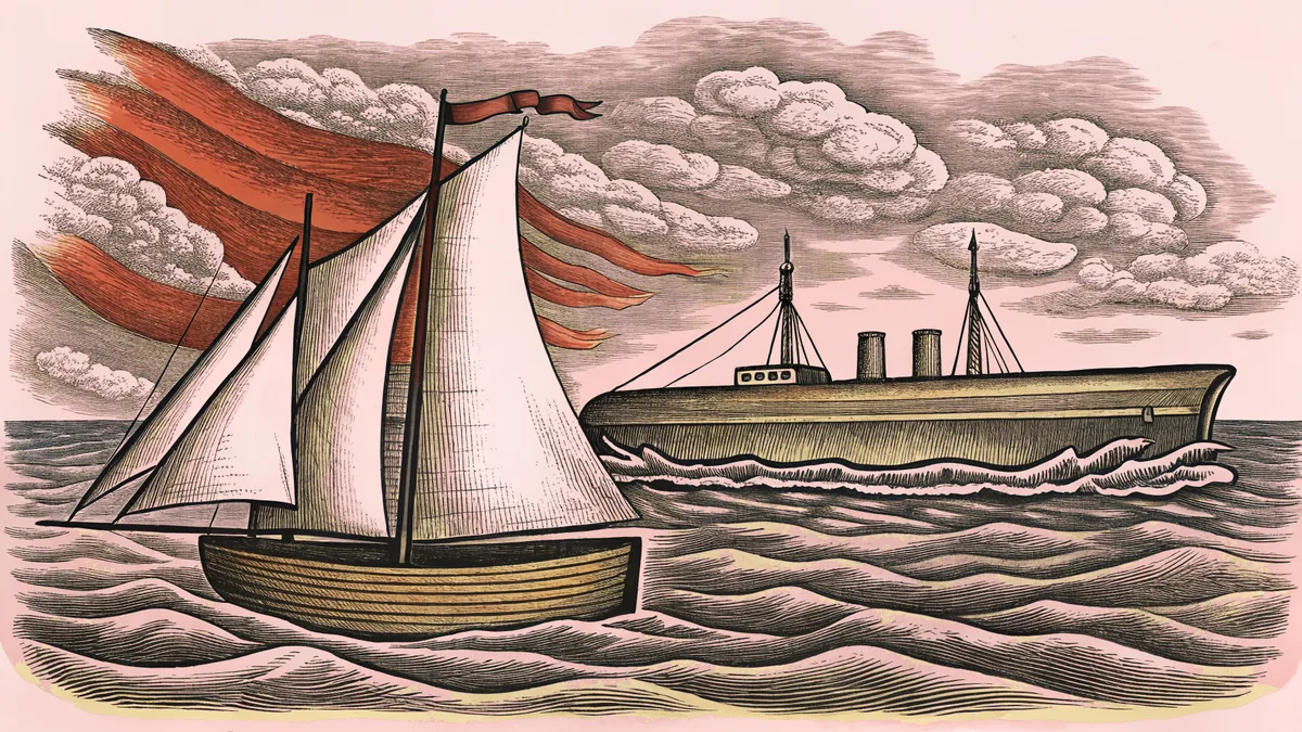 A sailboat with billowing canvas floats beside a submarine breaking through the ocean surface near a speedboat.