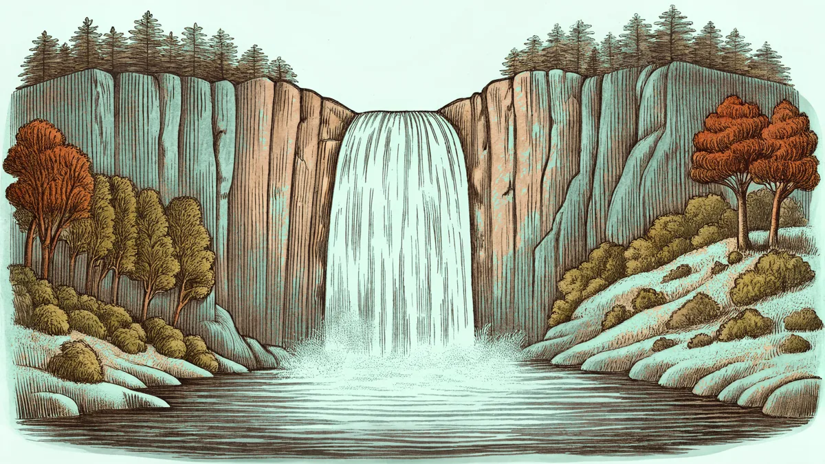 A high waterfall dropping into a misty pool between forested cliffs.