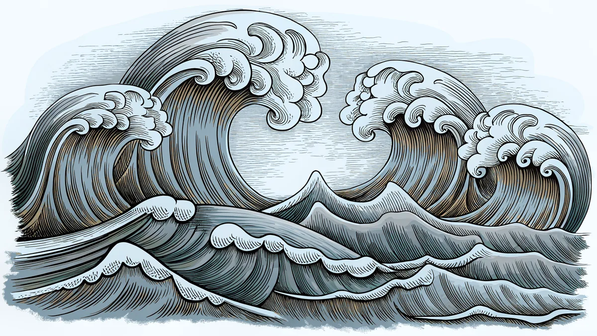Powerful ocean waves with whitecaps and a surfer riding a massive swell.
