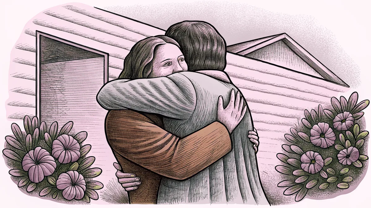 Warmth and affection flow between two embracing figures with flowers nearby