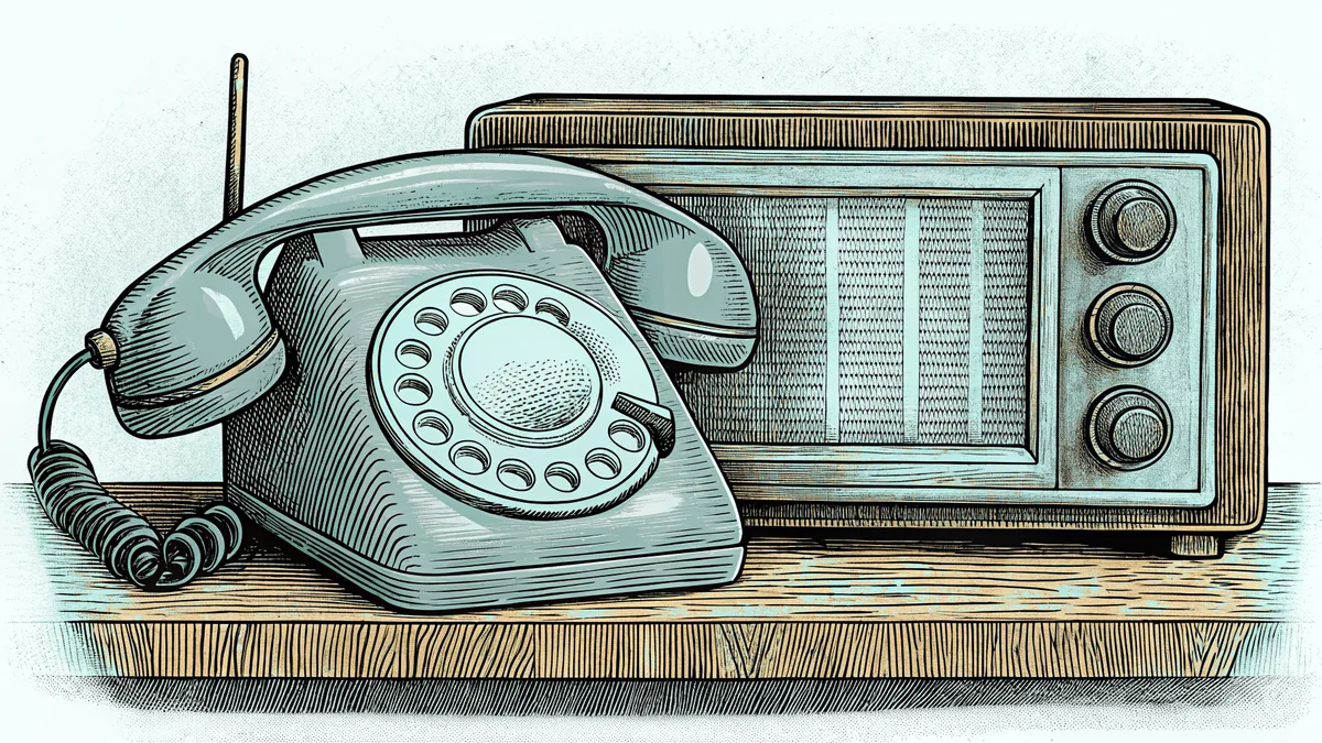 A vintage rotary telephone sits beside an old radio on a wooden shelf.