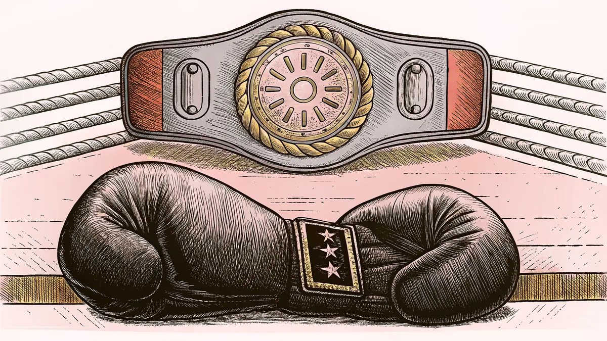 A boxing glove and championship belt sit on a boxing ring canvas floor.