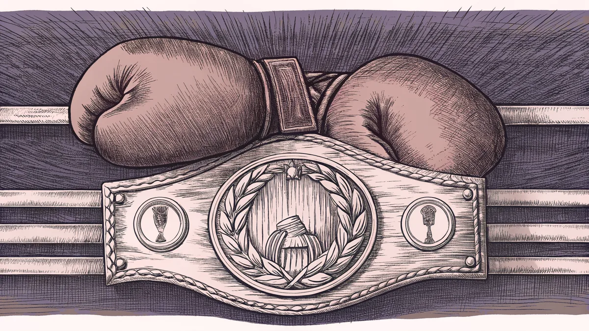 Red boxing gloves rest beside a championship belt on a boxing ring.