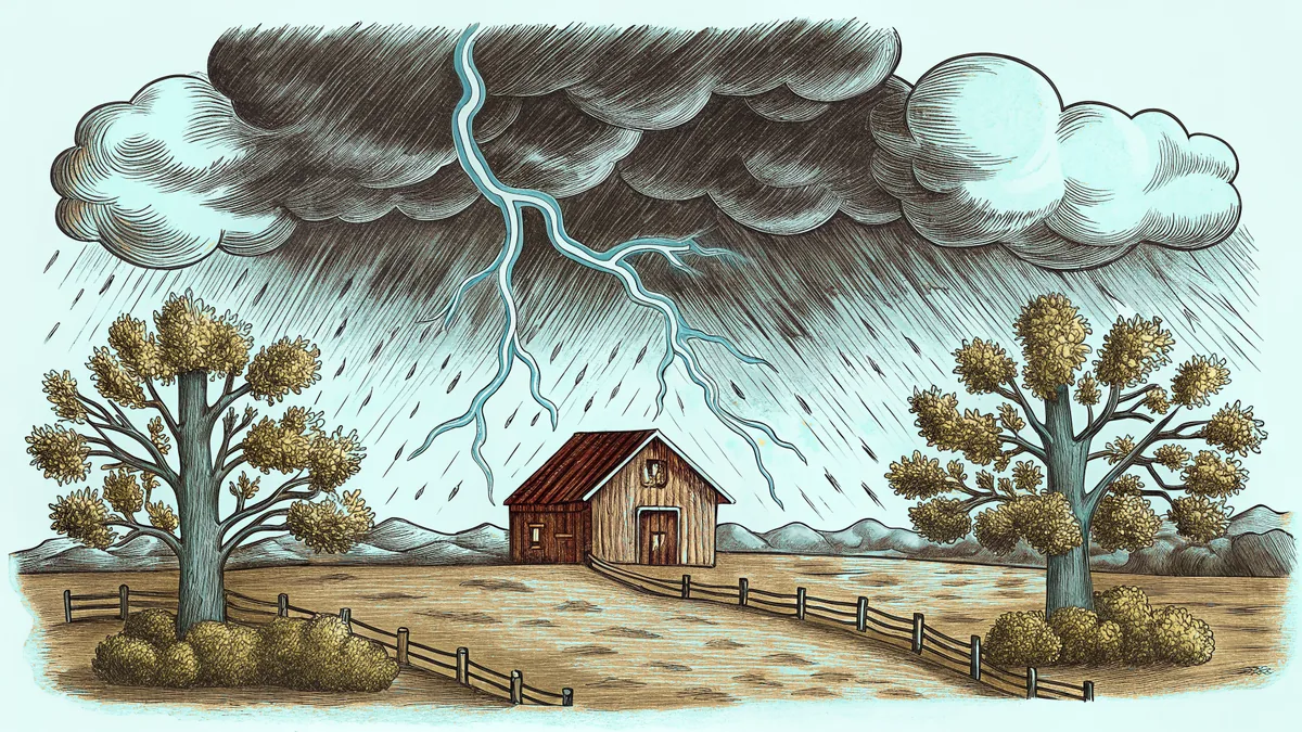 Lightning bolt striking ground during thunderstorm with heavy rain and hail
