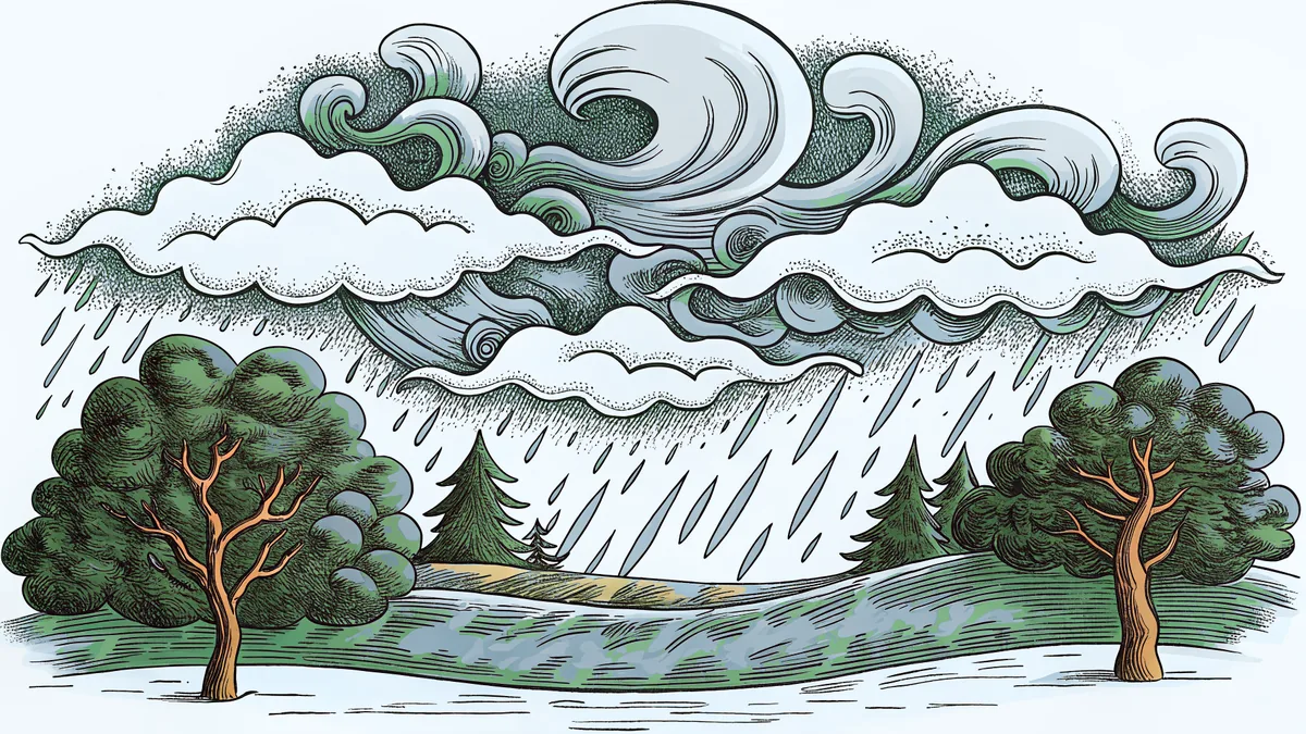 A dramatic sky with towering clouds, falling rain, and wind-swept trees.