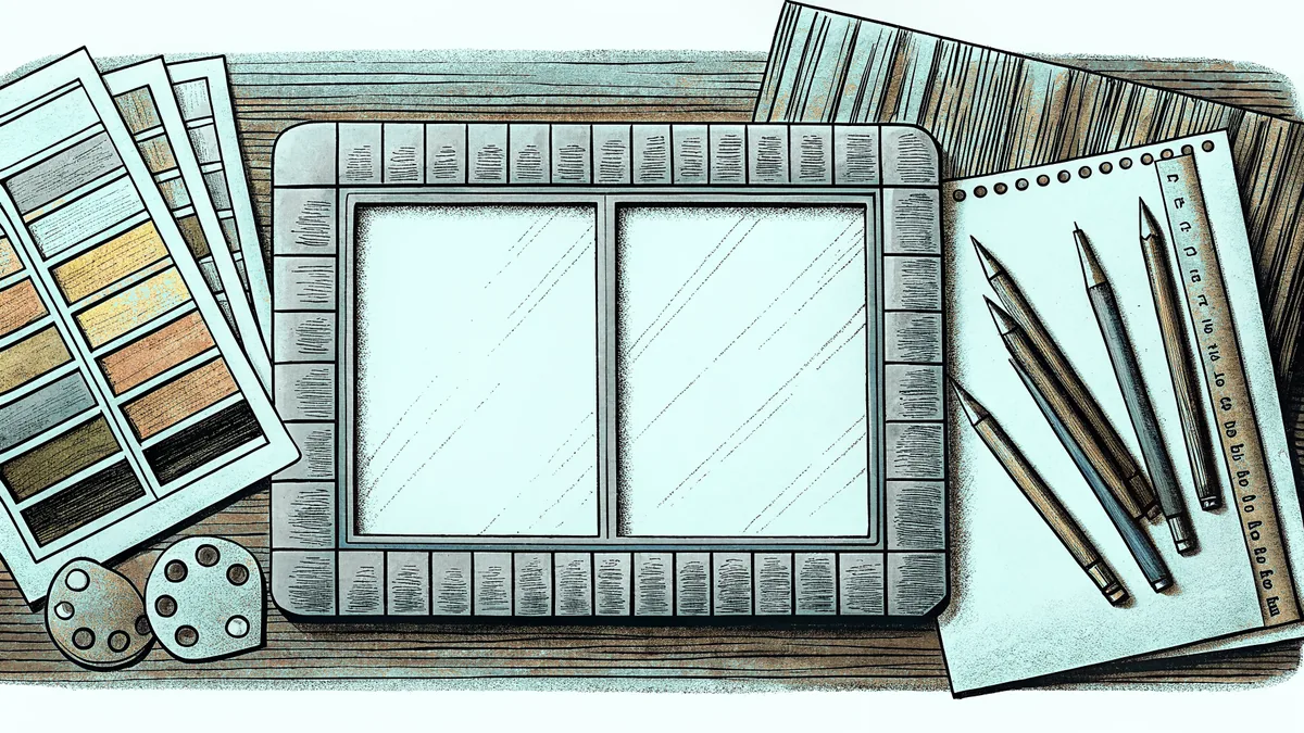 A drafting table holding blank layout sketches, colour chips and pencils.