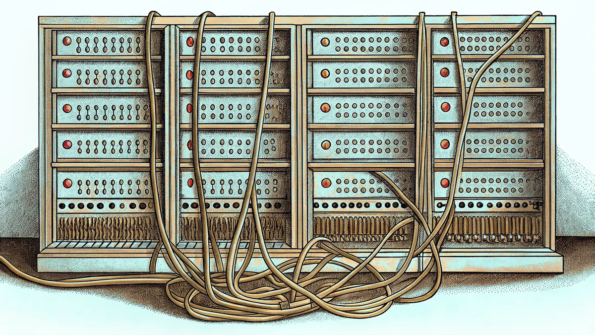 A server rack with blinking lights sits beside tangled network cables and a router.