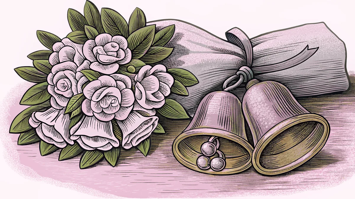 A sparkling diamond ring gleams atop a white bridal bouquet next to golden wedding bells.