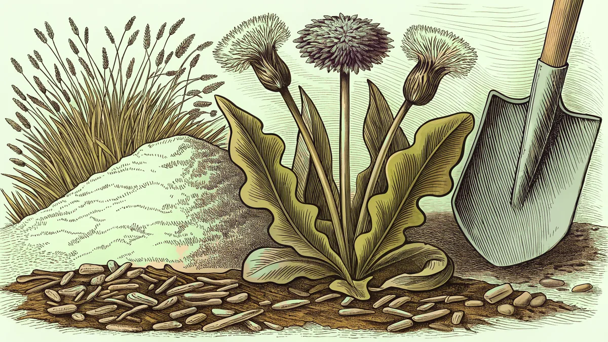 Common garden weeds including yellow dandelion and purple thistle with gardening hoe and mulch.