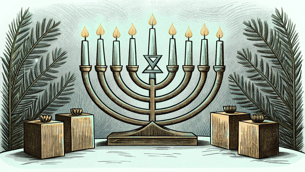 Holiday lights shimmer alongside a glowing menorah and flickering candles at a winter celebration.