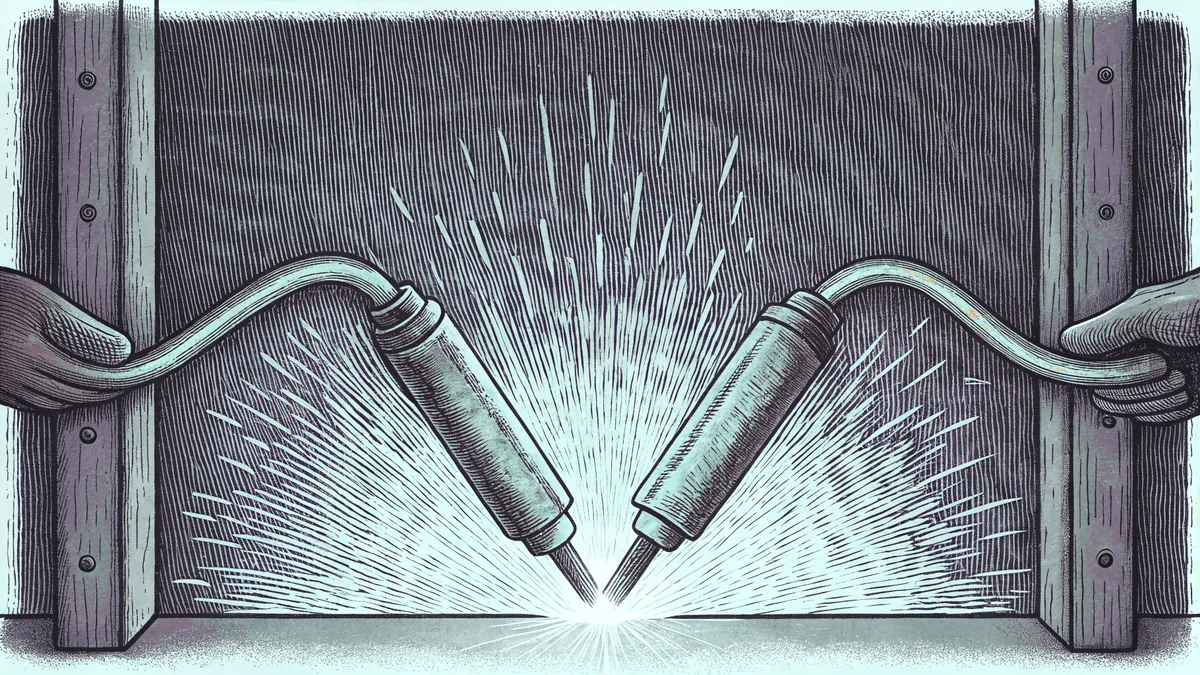 A welding torch creating a bright arc while joining steel plates.