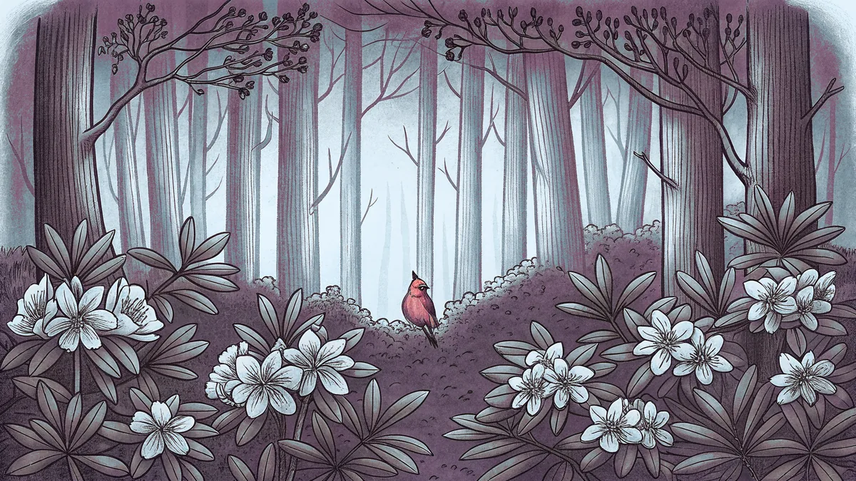 A cardinal perches in a thicket of pink rhododendrons on a misty mountain slope.