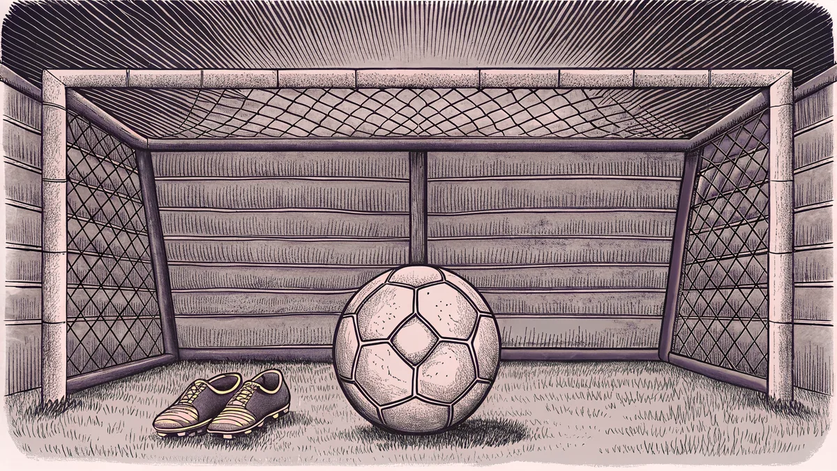 A soccer ball rests on green grass beside a goal net and sports cleats.