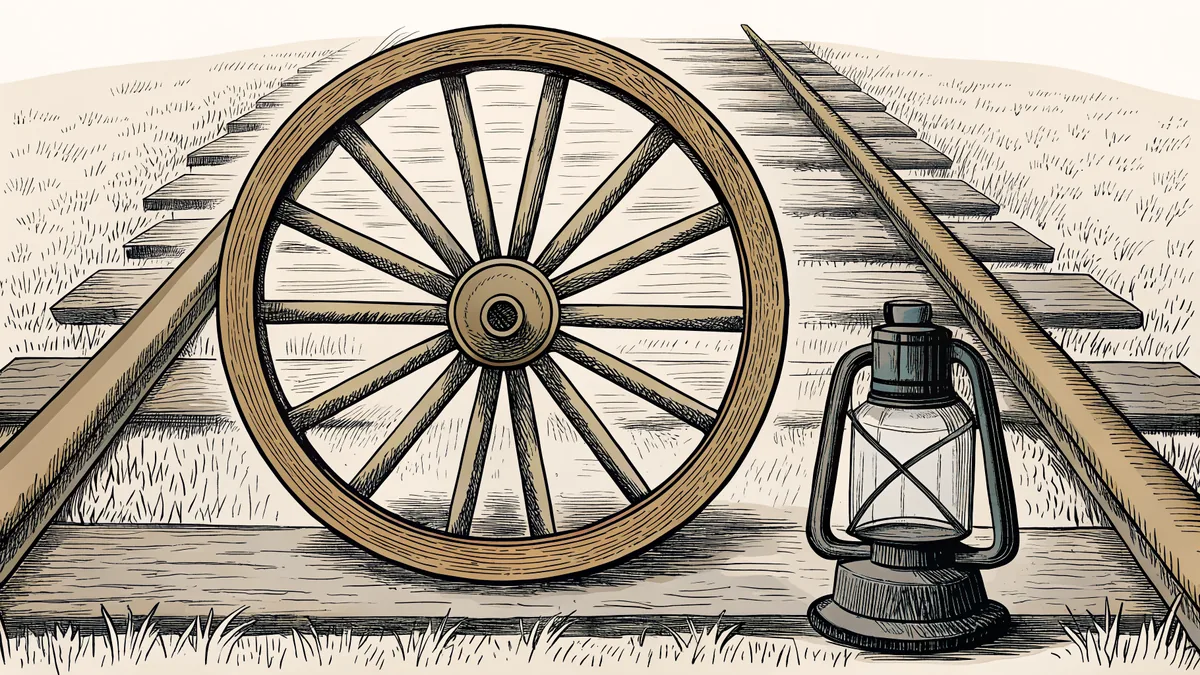 A wagon wheel and lantern sit beside railroad tracks crossing an open prairie.