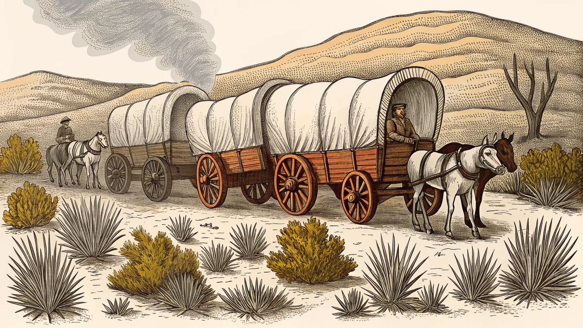 A pioneer wagon train with oxen and horses crossing the Western frontier on the Oregon Trail.