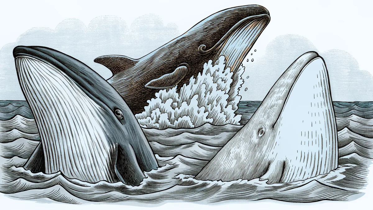 Whales breaching from the ocean showing blowholes, flukes, and family pods.