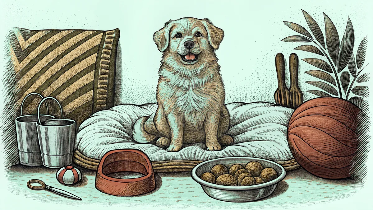 A content dog surrounded by essential care items including toys, food, and bedding