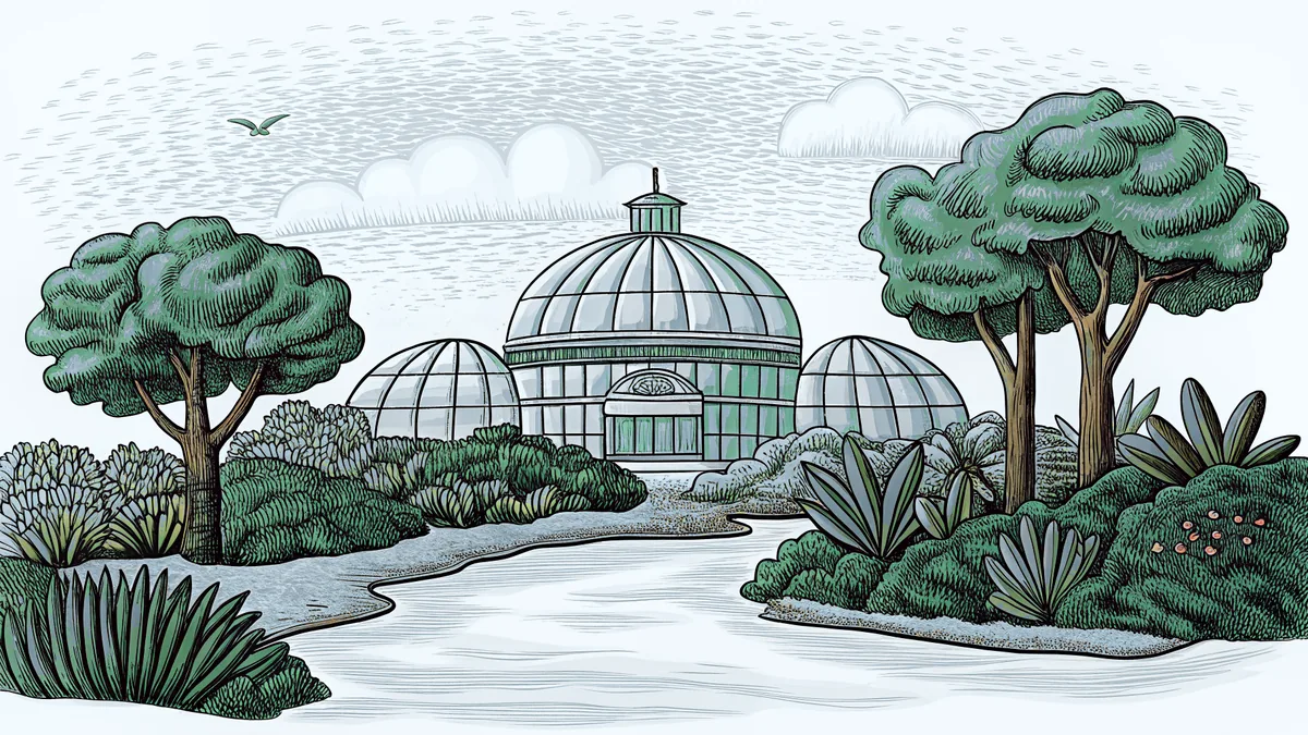 An aircraft display features a monument overlooking botanical gardens and prairie landscapes