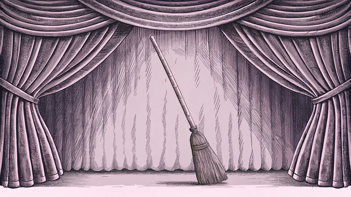 A broomstick rests against a velvet curtain, lit emerald green beneath a grand theater arch.