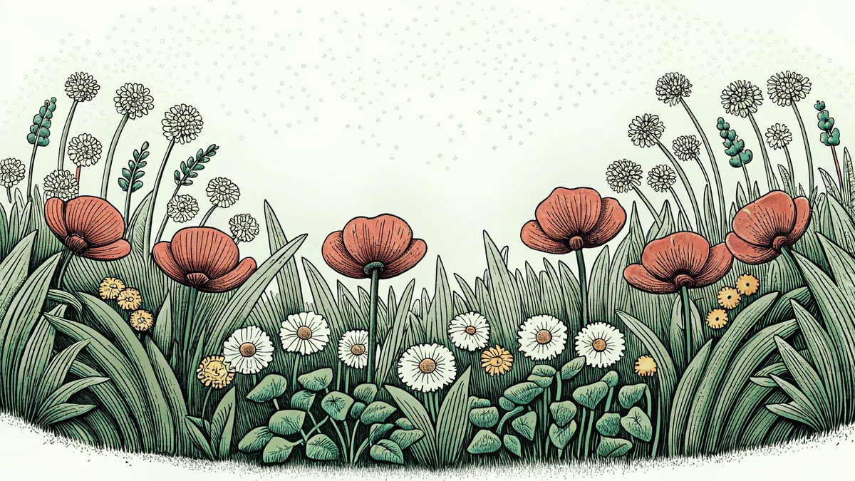 Meadow ablaze with wildflowers: red poppies, purple lupines, golden rod, and pink clover.