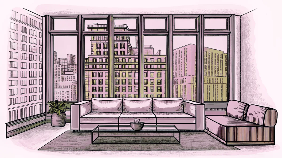 A contemporary apartment interior shows a sofa before tall city-view windows.