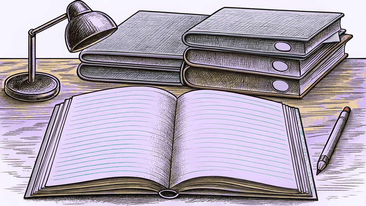 An open blank notebook rests on a school desk beside a pencil, eraser, and reading lamp.