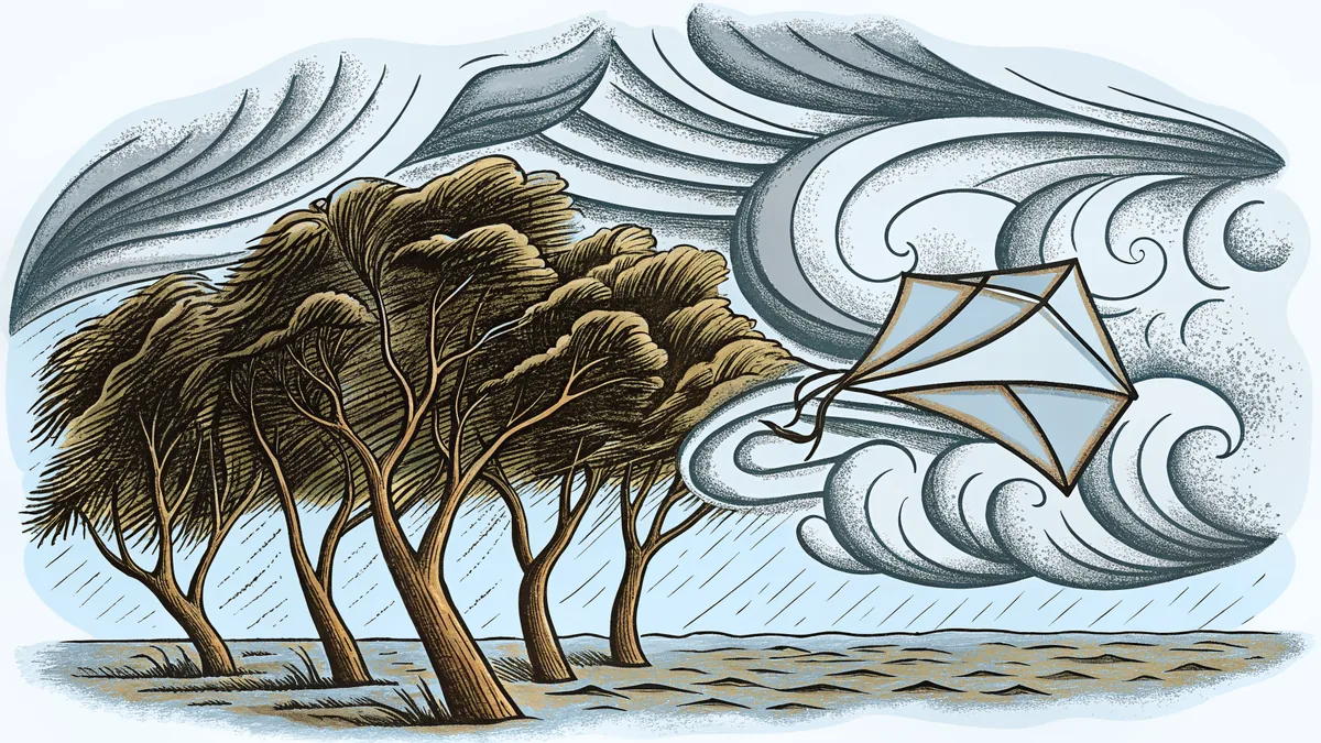 Wind effects shown by bending trees, swirling dust, and flying wind-blown objects.