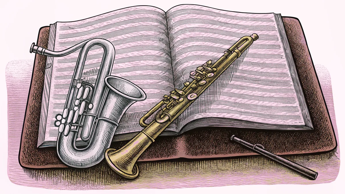 A brass trumpet stands beside a silver saxophone and wooden flute on a velvet concert mat.