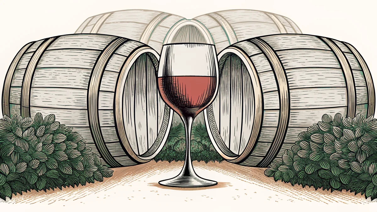 A glass of deep red wine beside wooden oak aging barrels.