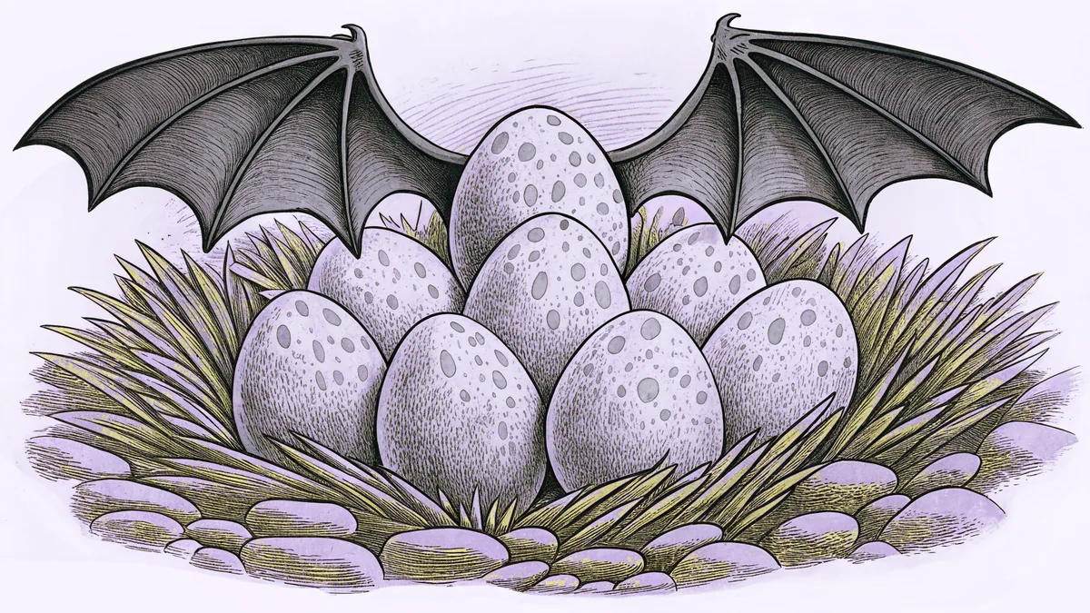 A clutch of eggs hatches inside a stone cavern as talons and a scaled wing loom nearby.