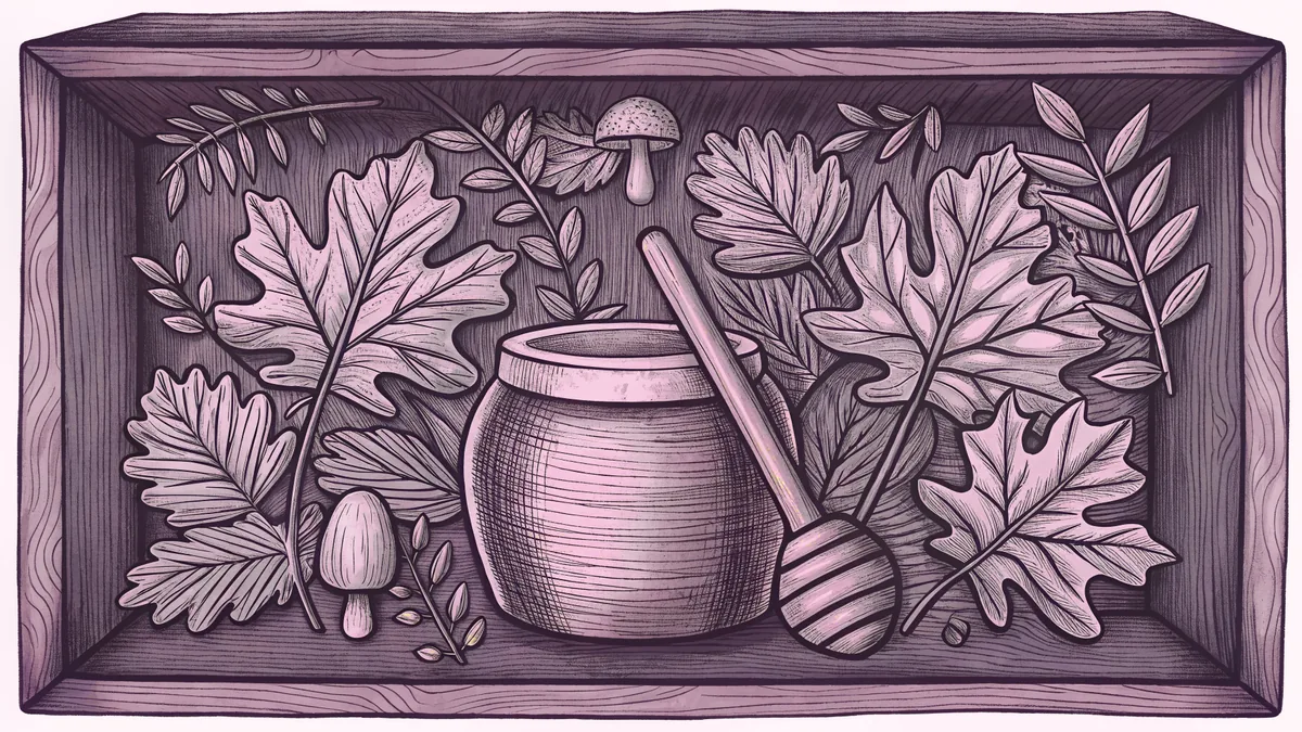 A honey pot with wooden dipper sits beside autumn leaves and forest mushrooms in a woodland diorama.