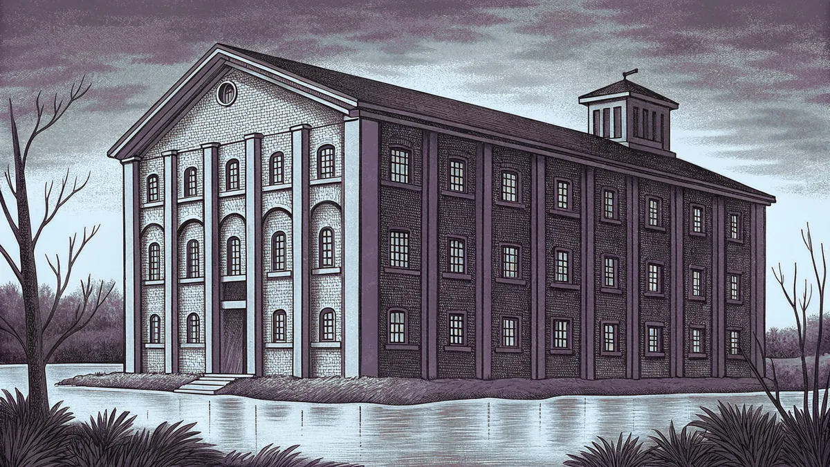 A historic brick warehouse reflected in the peaceful Salem Lake waters.