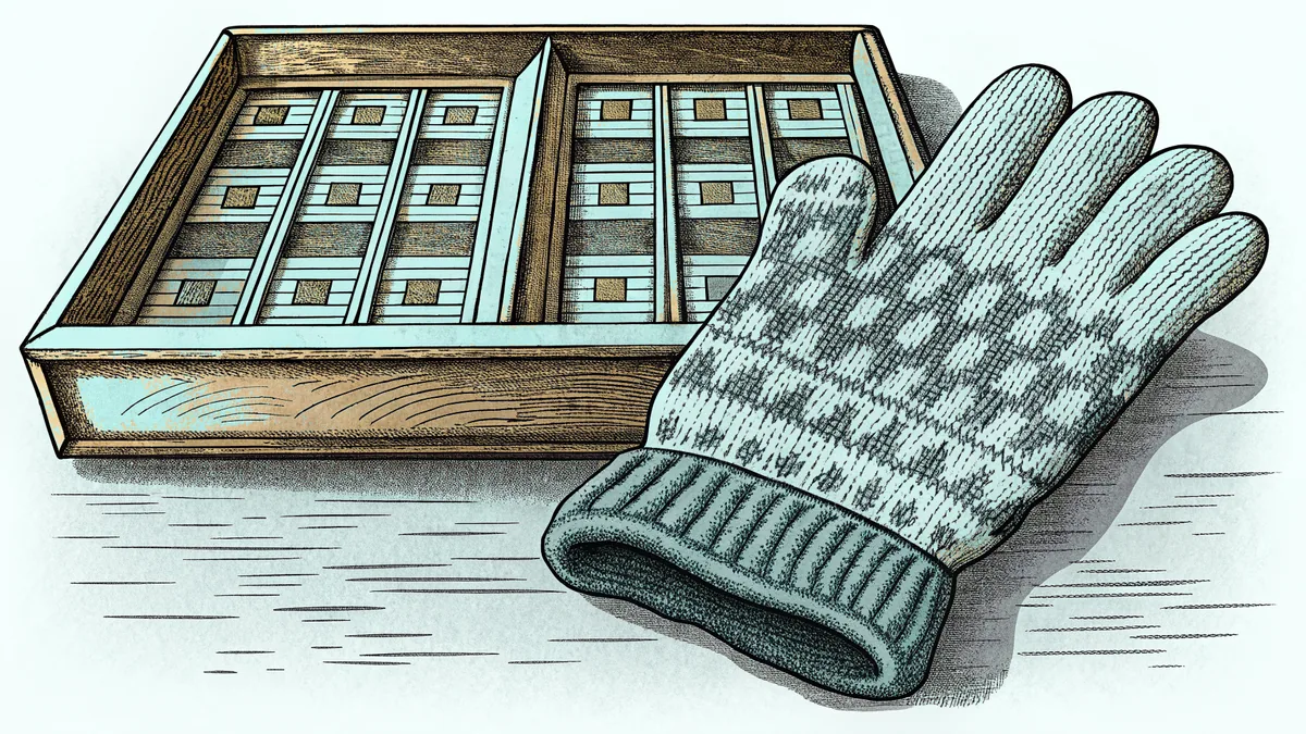 A knitted mitten beside a wooden game board divided into squares.